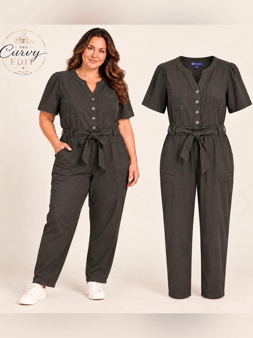 Democracy 2X Washed Charcoal Utility Jumpsuit Tie Waist Short Sleeve Pockets NWT